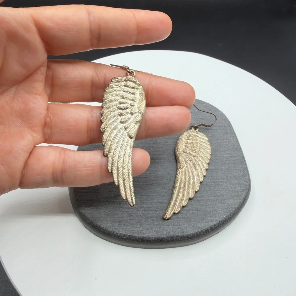 Gold Tone Angel Wing Feather Long Dangle Drop Earrings Boho Statement Jewelry